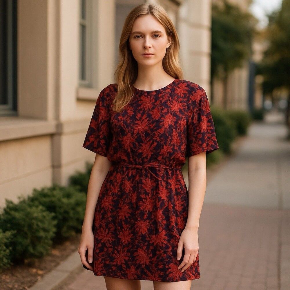 Lands’ End Purple Red Floral Cinch Waist Dolman Sleeve Modal Mini Dress Size M-L